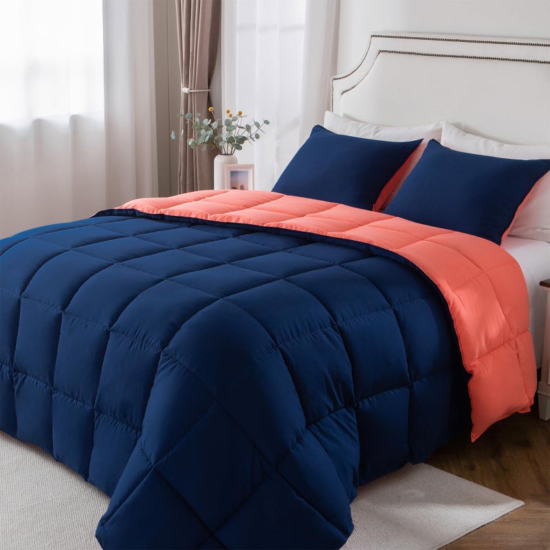 KASENTEX King Comforter Set â€“ Reversible Dual Color â€“ Goose Down Alternative â€“ Ultra-Soft, Lightweight, Machine Washable, Maintain Fluffiness, All Season Warmth (Navy/Coral) - Image 1